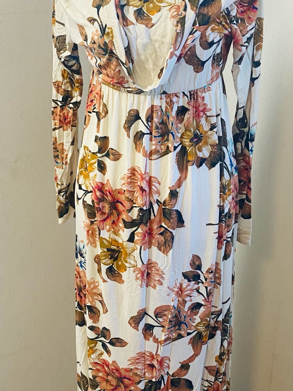 Floral Long Sleeve Maxi Dress in Ivory with Pink & Mustard Blooms